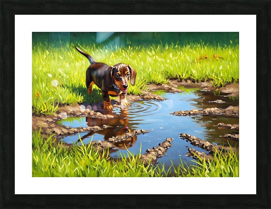 Dachshund Puppy Discovers Muddy Puddle Picture Frame print