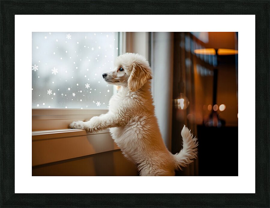 Poodle Puppy Discovers First Snowfall Through Window Picture Frame print