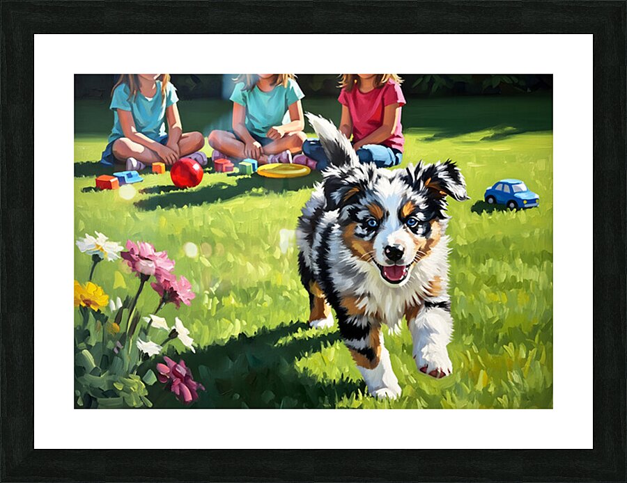 Australian Shepherd Puppy Meets New Friends Picture Frame print