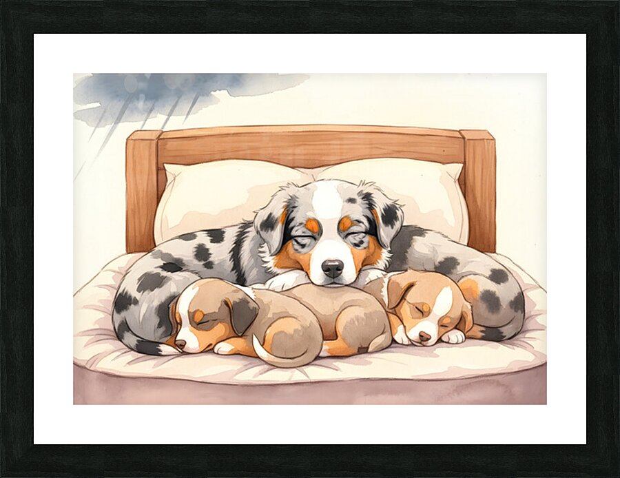 Sleepy Australian Shepherd Puppy Rests After Storm Picture Frame print