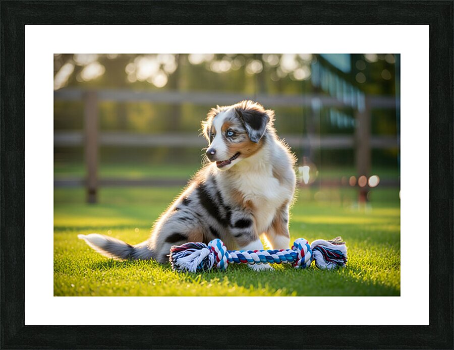 Australian Shepherd Puppy Discovers Big Chew Toy Picture Frame print