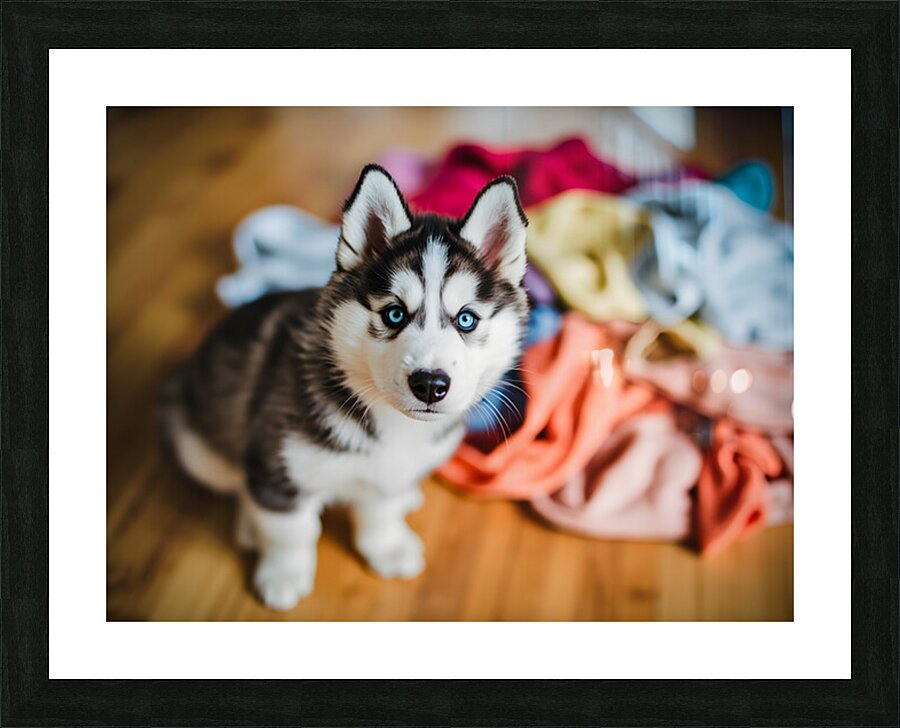 Husky Puppy Discovers Laundry Pile Picture Frame print