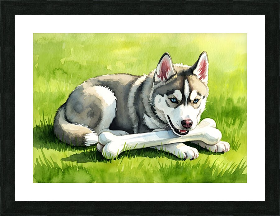 Content Husky Puppy Enjoys Victory With Bone Picture Frame print