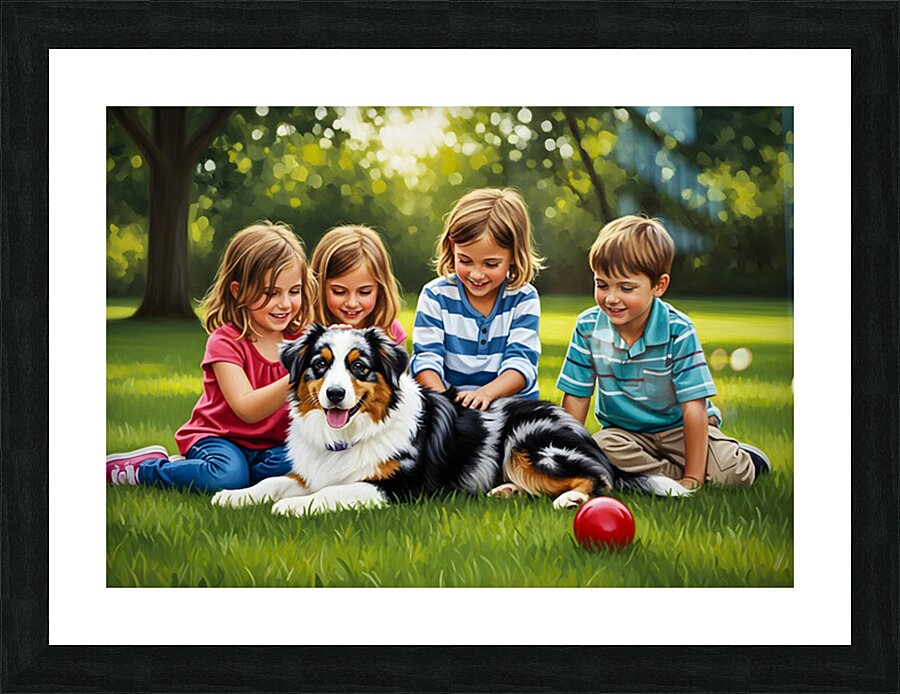 Tired Australian Shepherd Puppy Rests With Children Picture Frame print