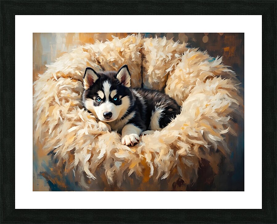 Little Husky Puppy Discovers Giant Cozy Dog Bed Picture Frame print