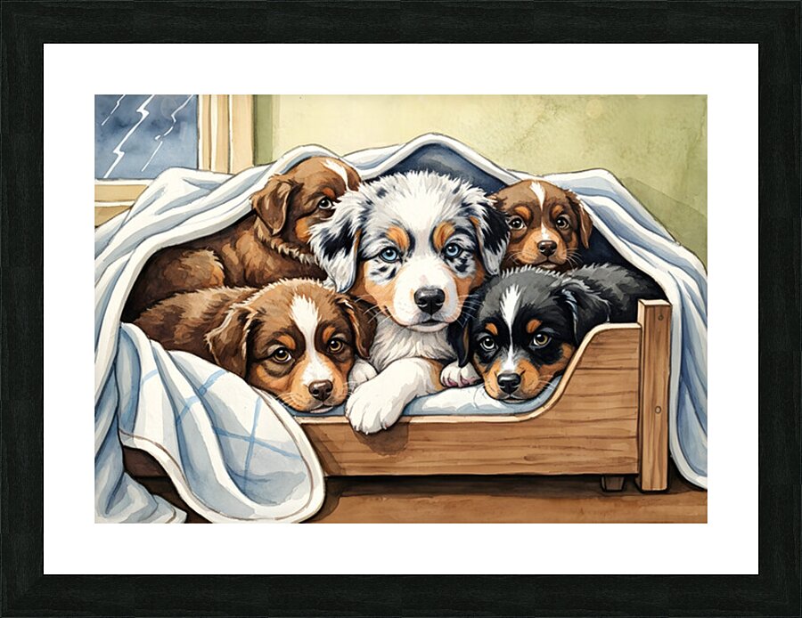 Australian Shepherd Puppy Seeks Comfort During Storm Picture Frame print