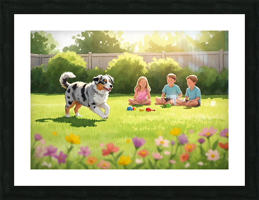Australian Shepherd Puppy Meets New Friends Picture Frame print