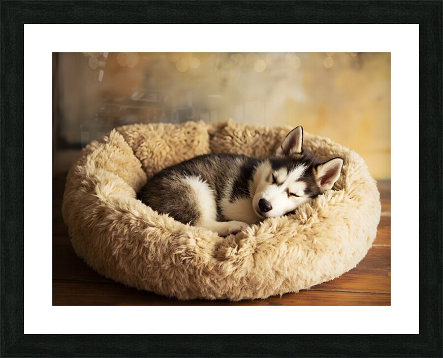 Sleepy Husky Puppy Napping In Corner Of Giant Bed Picture Frame print
