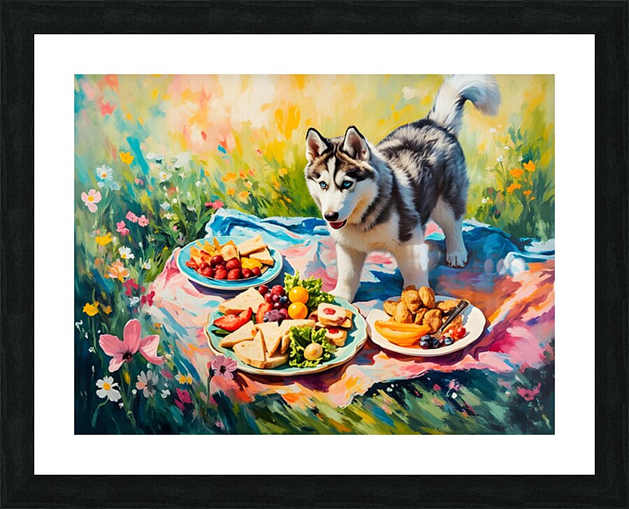Husky Puppy Discovers Picnic Spread Picture Frame print