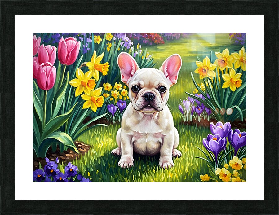 French Bulldog Puppy Discovers Spring Garden Picture Frame print