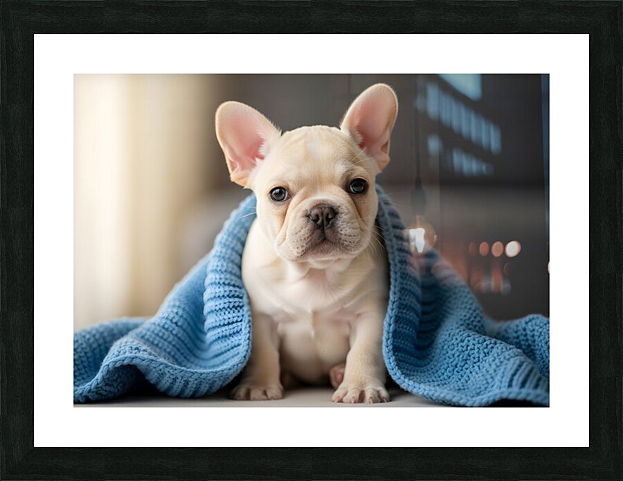 French Bulldog Puppy Snuggles With Favorite Blue Blanket Picture Frame print