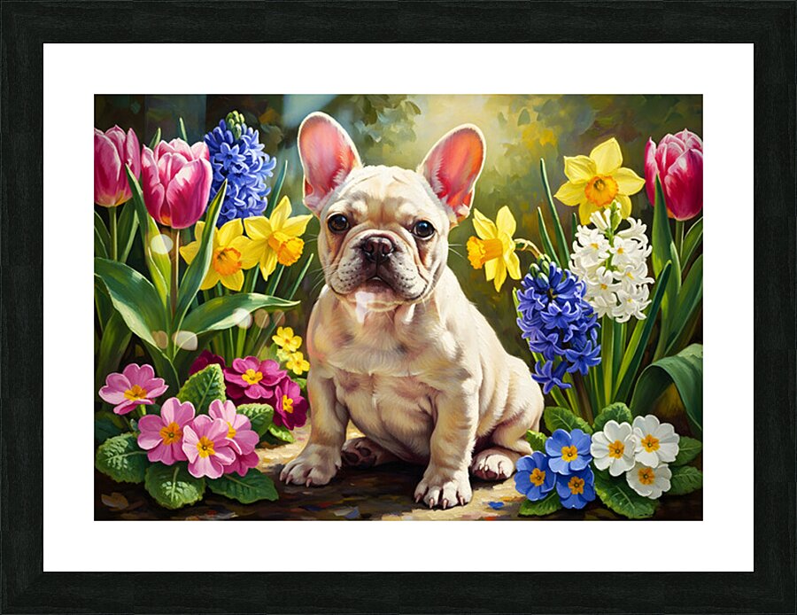 Happy French Bulldog Puppy Rests Among Spring Blooms Picture Frame print