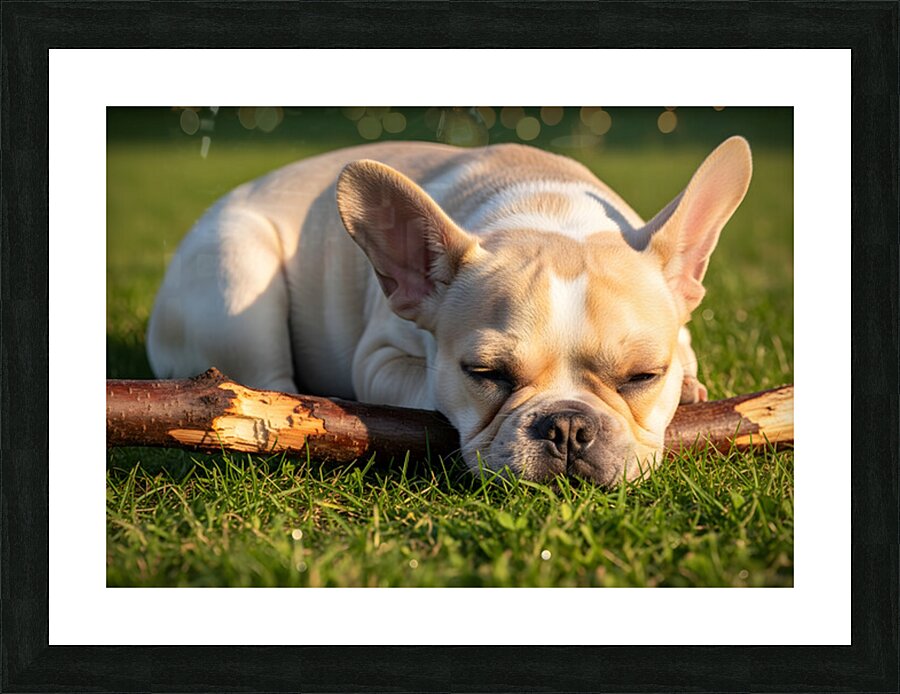 Tired French Bulldog Puppy Rests After Stick Chewing Session Picture Frame print