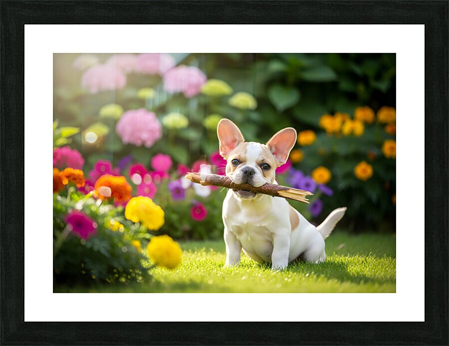 French Bulldog Puppy Finds Perfect Stick In Garden Picture Frame print