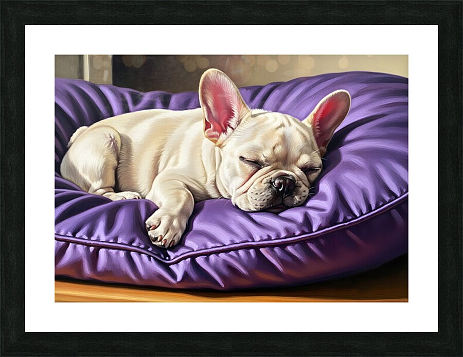 French Bulldog Puppy Sleeping Peacefully On Purple Pillow Picture Frame print