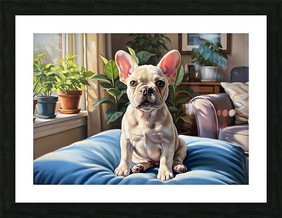 French Bulldog Puppy Sits Alert On Blue Cushion Picture Frame print