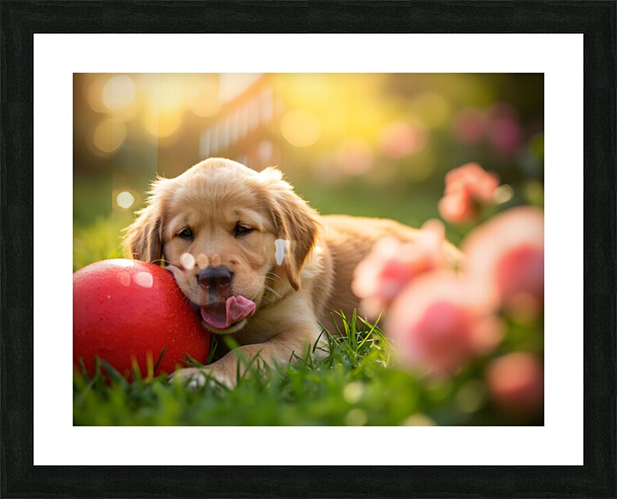 Exhausted Golden Retriever Puppy Rests Beside The Giant Ball Picture Frame print