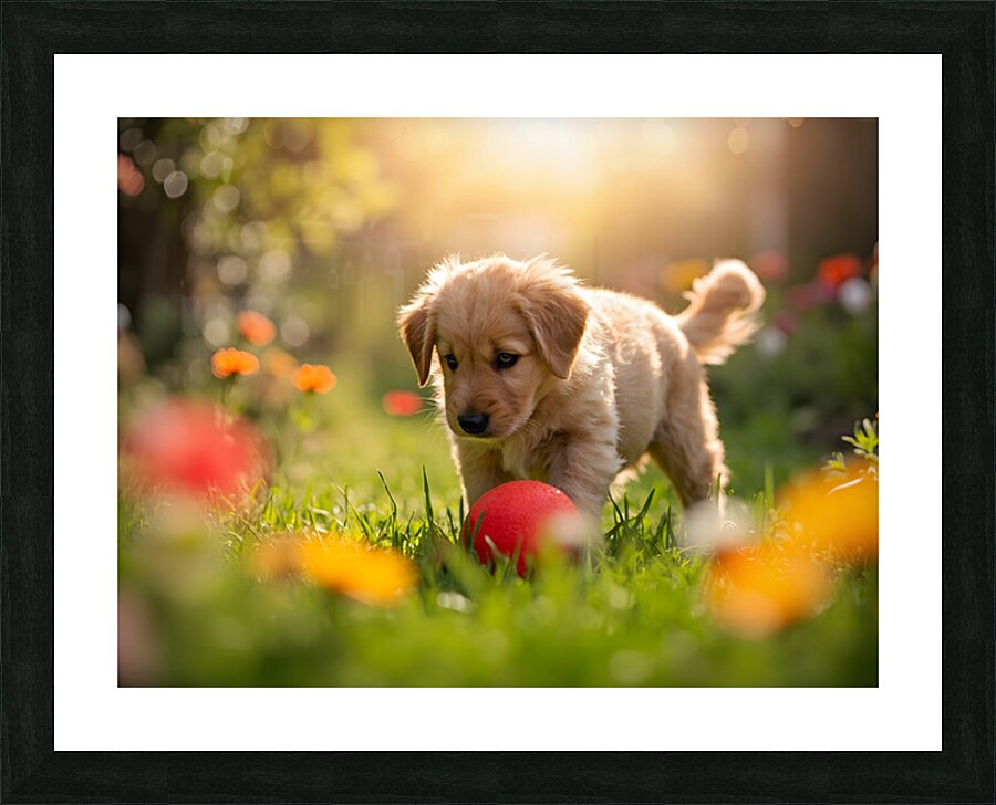 Golden Retriever Puppy Discovers A Giant Red Ball Picture Frame print