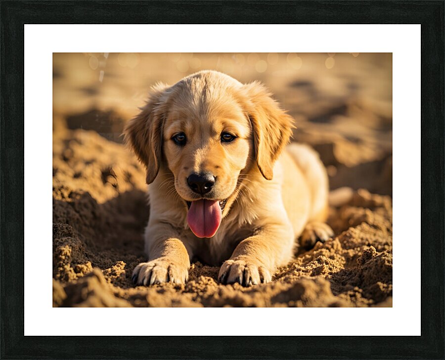 Happy Golden Retriever Puppy Sits In Ruins Of Destroyed Castle Picture Frame print