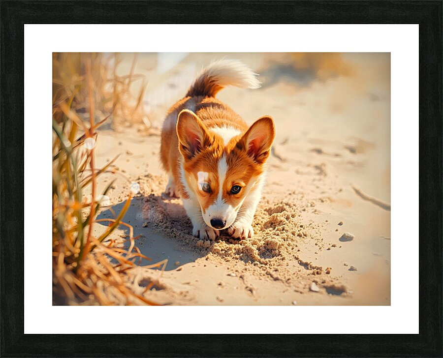 Proud Corgi Pup Admires Digging Achievement Picture Frame print
