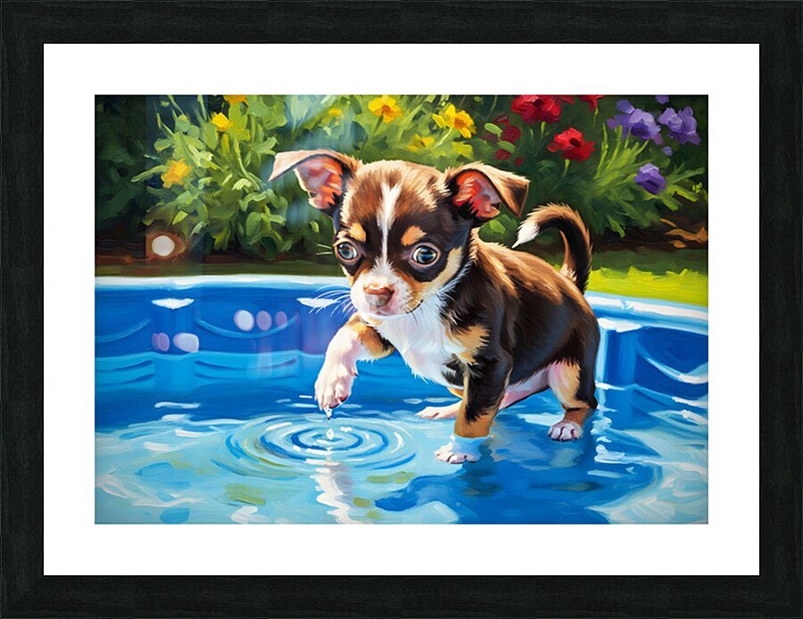 Chihuahua Puppy Discovers The Pool Picture Frame print