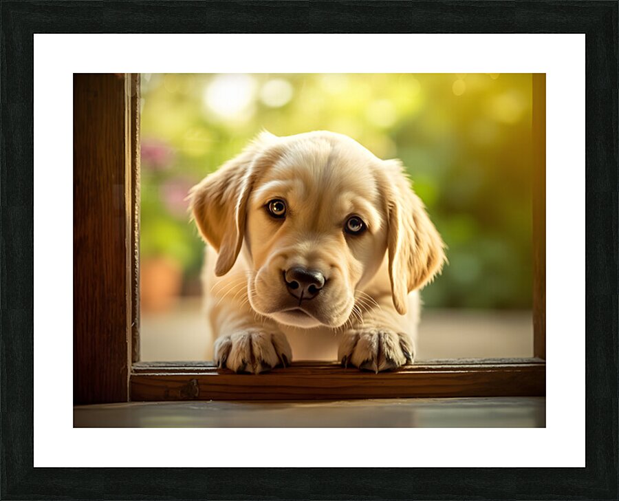 Curious Puppy Discovers Cat Flap Door Picture Frame print
