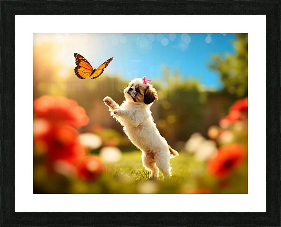 Shih Tzu Puppy Discovers Beautiful Butterfly In Garden Picture Frame print