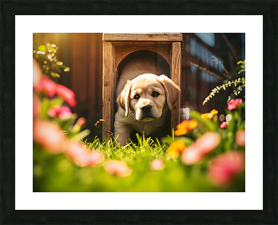 Happy Puppy Celebrates His Cat Flap Adventure Picture Frame print