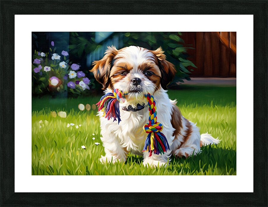 Shih Tzu Puppy Plays With Rope Toy In Garden Picture Frame print