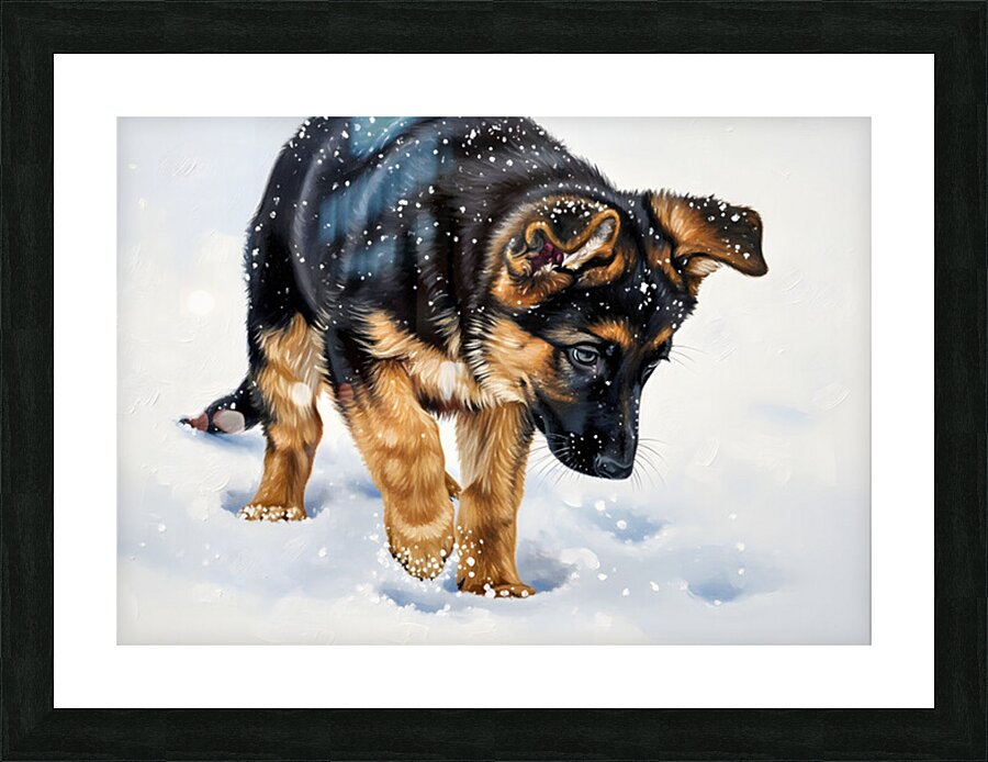 German Shepherd Puppy Discovers Fresh Snow Picture Frame print
