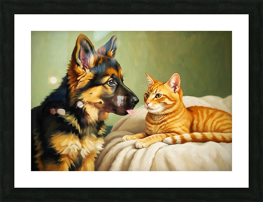 German Shepherd Puppy Meets Sleeping Cat Picture Frame print