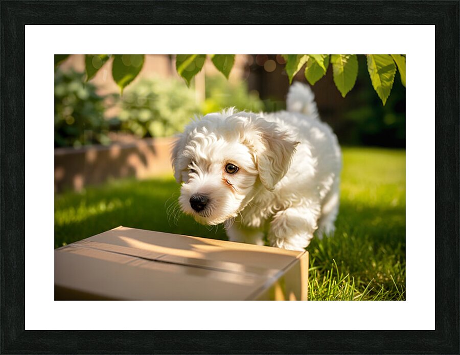 Bichon Frise Puppy Discovers Mysterious Garden Box Picture Frame print