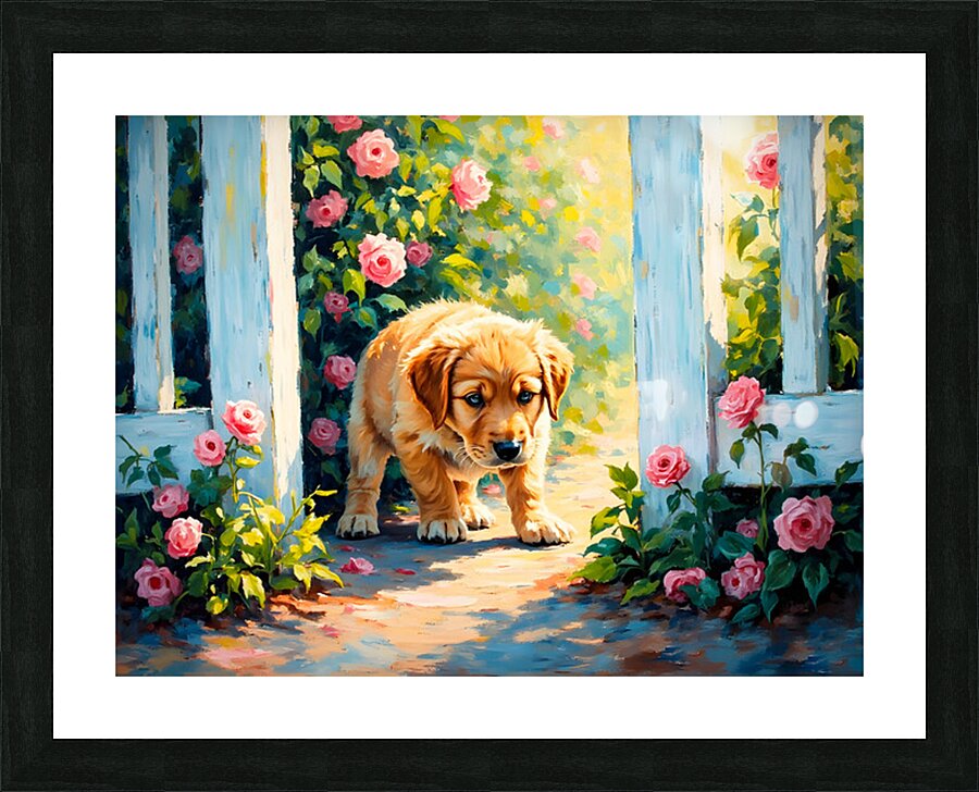 Happy Labrador Retriever Puppy Emerging From Behind Brick Wall Picture Frame print