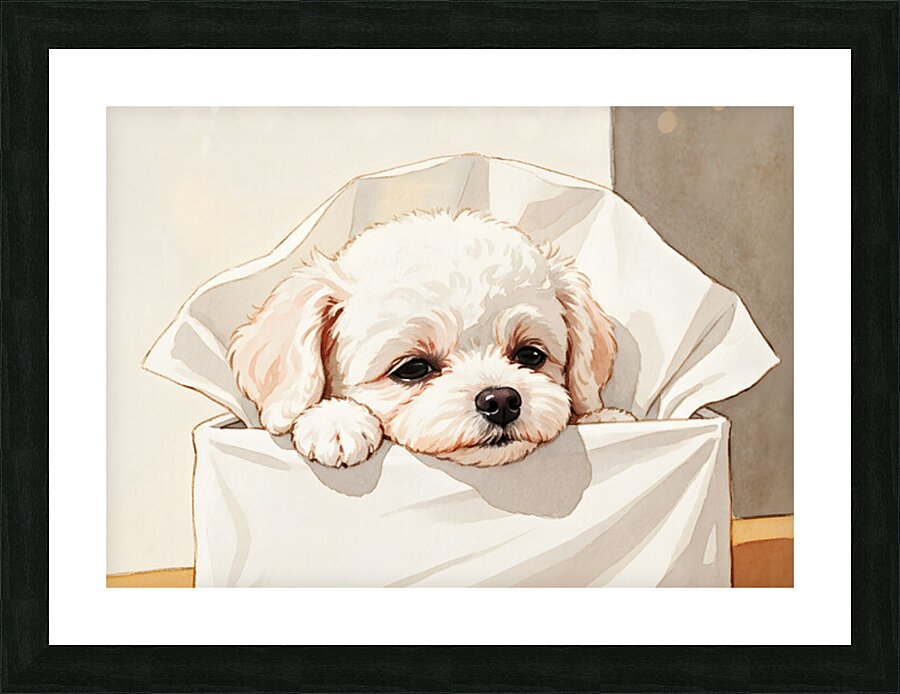 Brave Bichon Frise Puppy Escapes From Tissue Box Picture Frame print