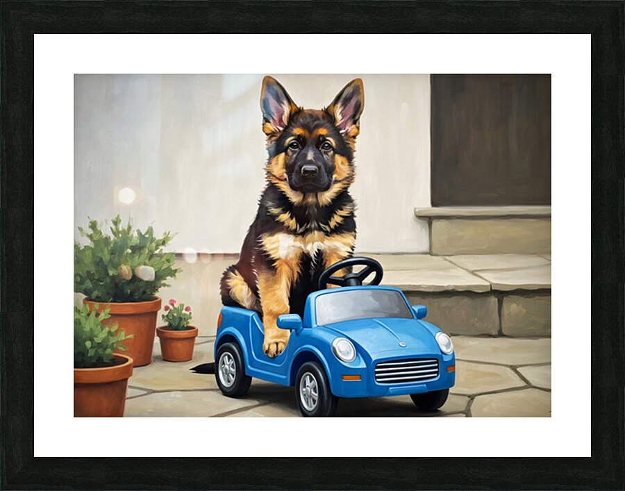 Sleepy German Shepherd Puppy In Car Picture Frame print