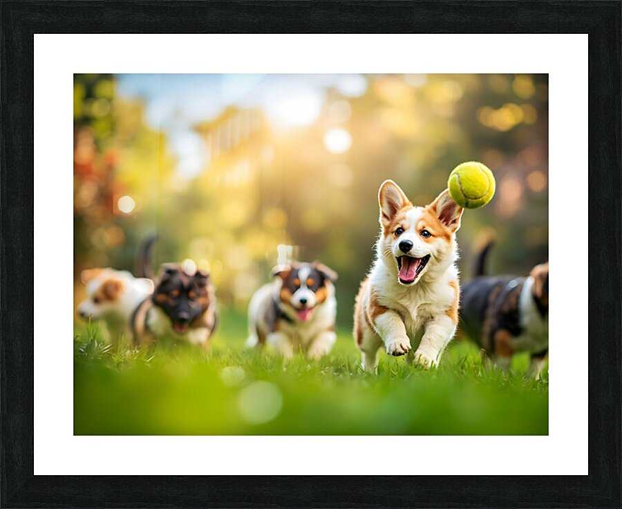Corgi Puppy Spots Tennis Ball In Garden Picture Frame print