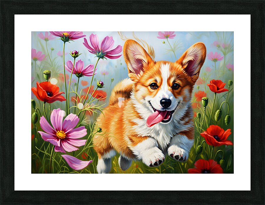 Corgi Puppy Discovers Magical Wildflower Meadow Picture Frame print