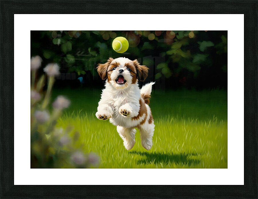 Victorious Shih Tzu Puppy With Tennis Ball Prize Picture Frame print