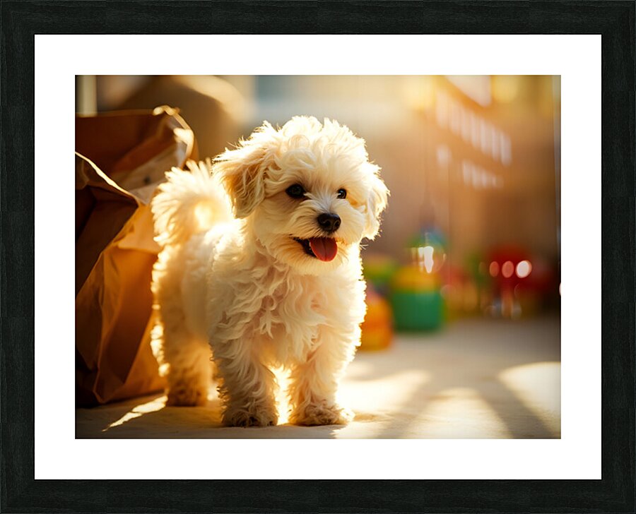 Playful Bichon Frise Puppy With Paper Bag Toy Picture Frame print