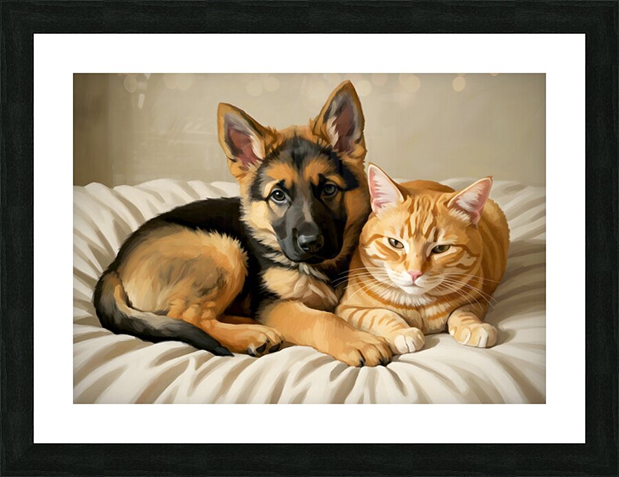 German Shepherd Puppy Snuggles With Cat Friend Picture Frame print