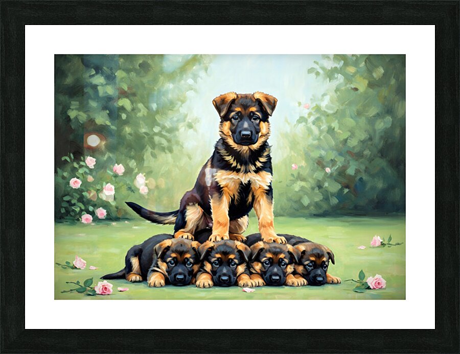 German Shepherd Puppy Reaches Top Of Puppy Pyramid Picture Frame print