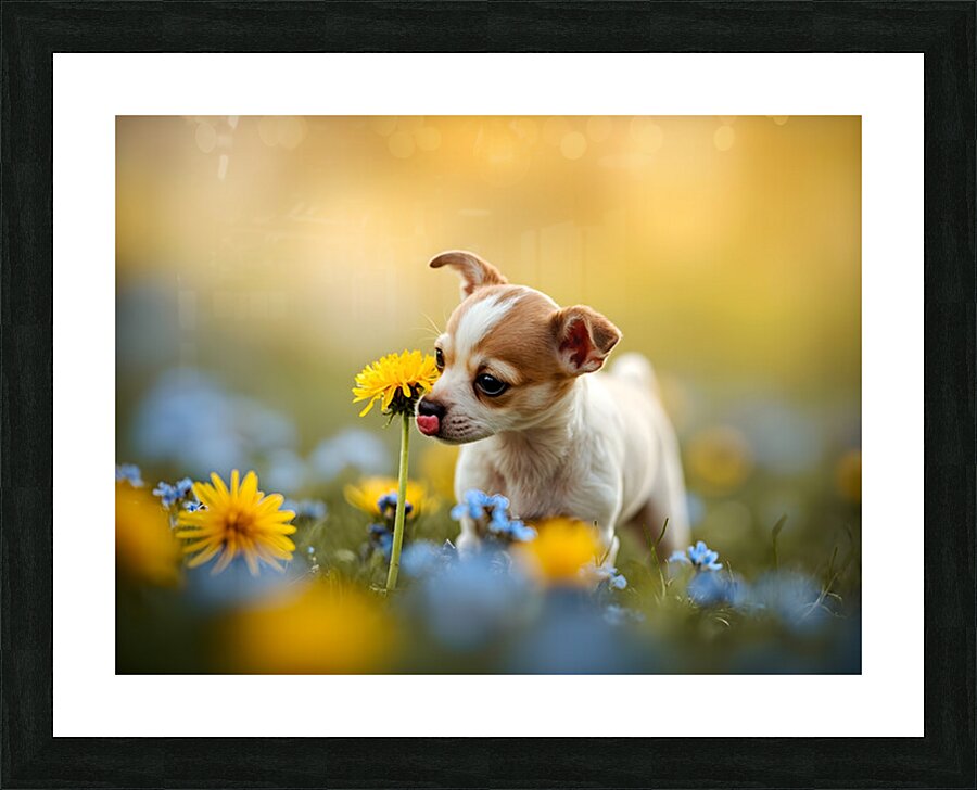 Happy Chihuahua Puppy After Sniffing Dandelion Picture Frame print