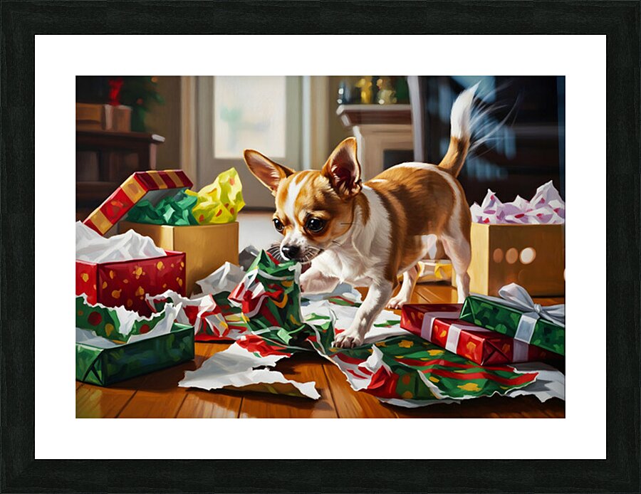Chihuahua Puppy Discovers Christmas Morning Surprises Picture Frame print