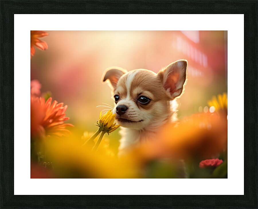 Chihuahua Puppy Discovers A Yellow Dandelion Picture Frame print