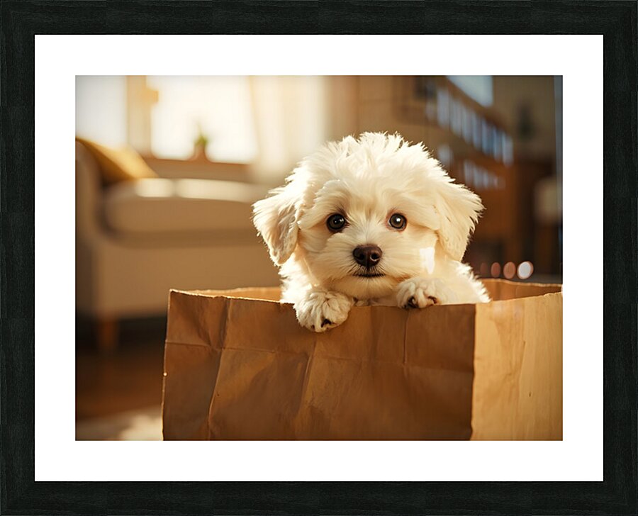 Bichon Frise Puppy Hiding In Paper Bag Picture Frame print