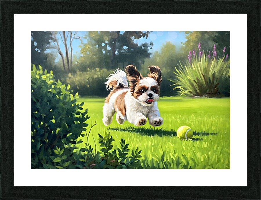 Shih Tzu Puppy Spots The Perfect Tennis Ball Picture Frame print