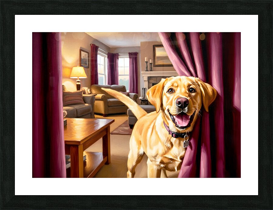 Happy Labrador Puppy Running From Dark Blue Curtains Picture Frame print