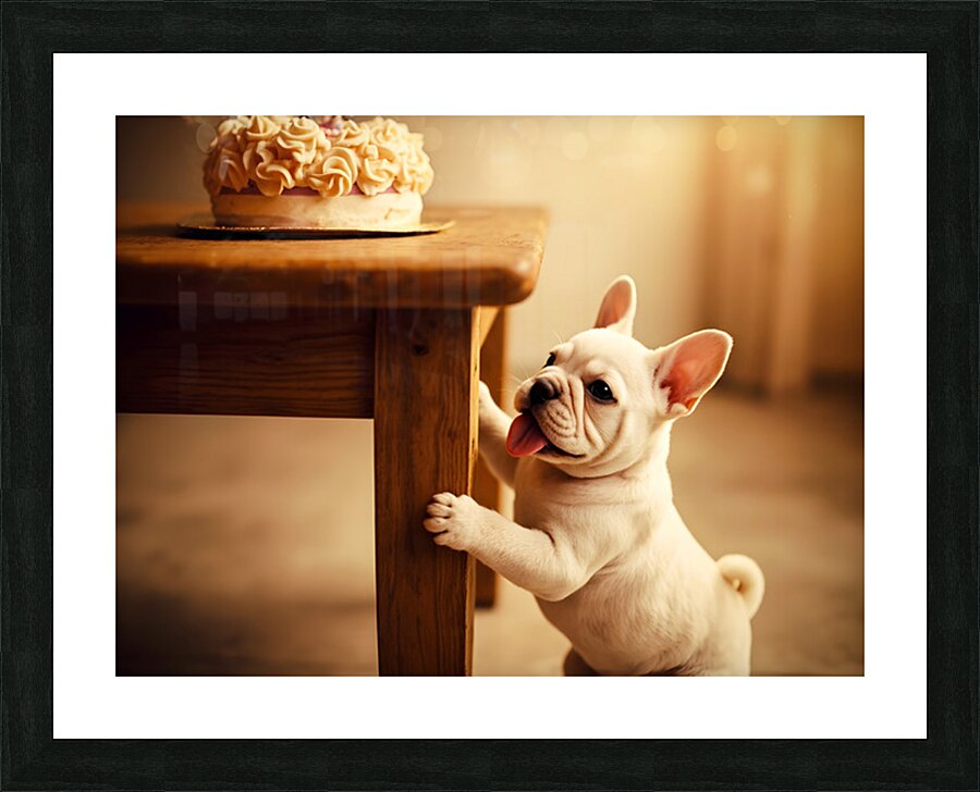 French Bulldog Puppy Discovers Birthday Cake Picture Frame print