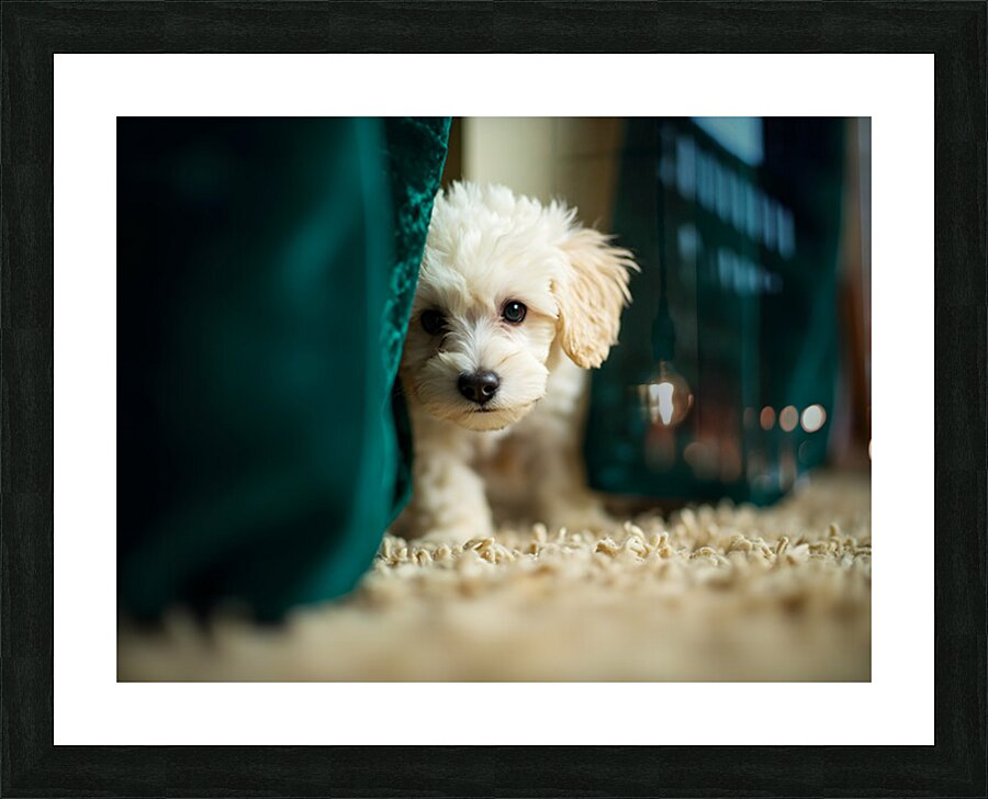 Happy Poodle Puppy Sitting By Blue Curtains Picture Frame print