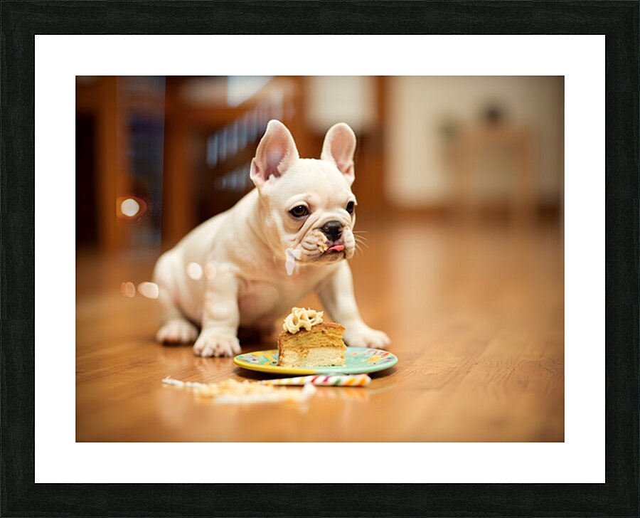 Satisfied French Bulldog Puppy Rests After Birthday Celebration Picture Frame print